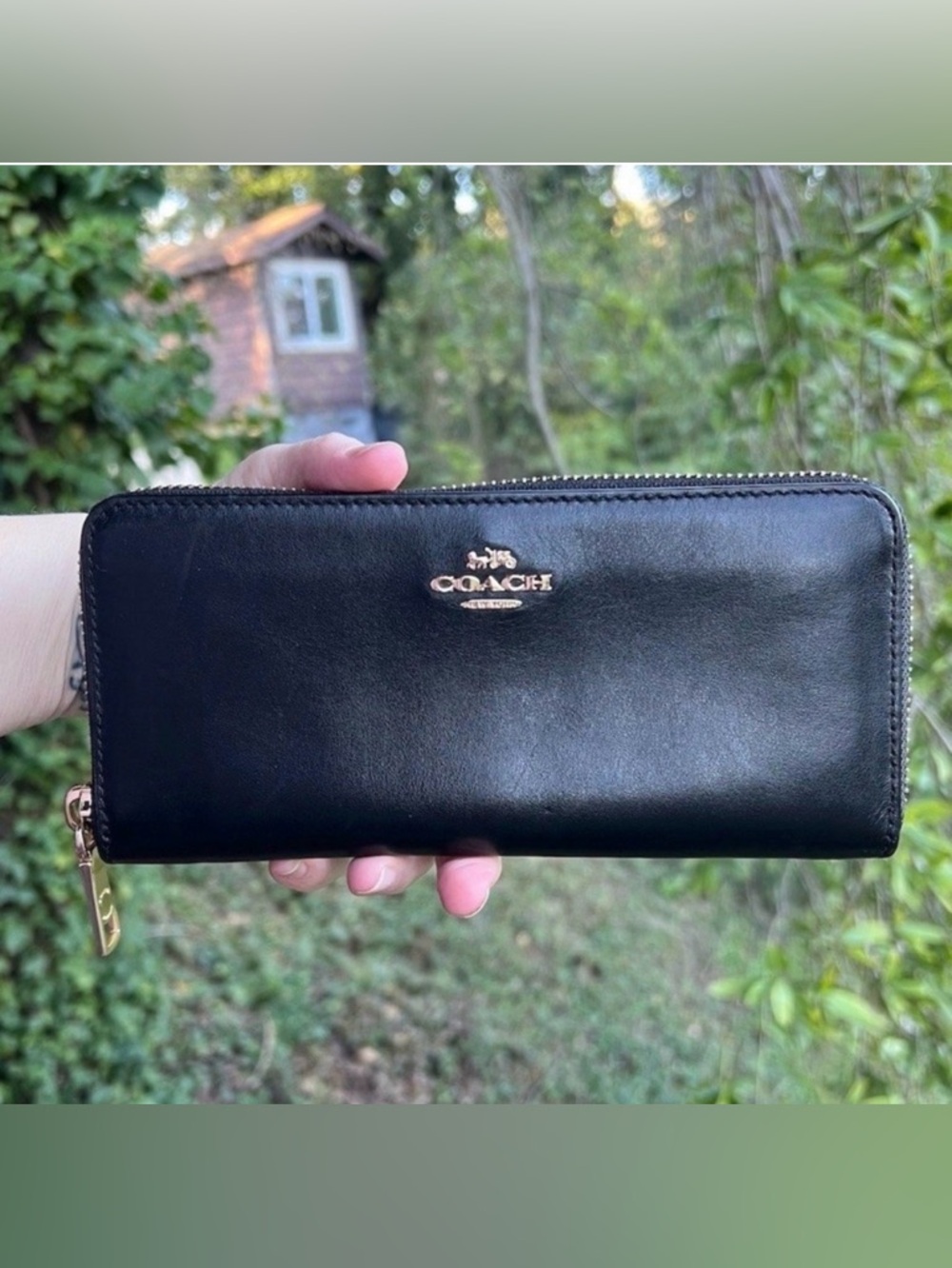 COACH Long Zip-Around Wallet Smooth Black Leather with Gold Hardware AUTHENTIC